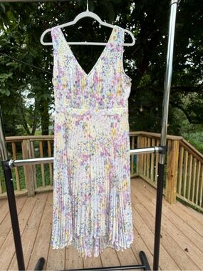 Tracy Reese White Floral Speckle Pleated Midi Dress